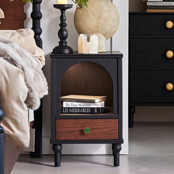Traditional Vintage Solid Wood Metal Semi-Circular Rectangular Nightstand 1-Drawer For Bedroom
