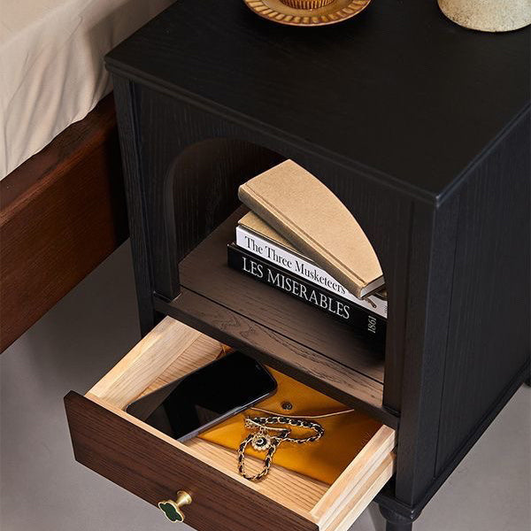 Traditional Vintage Solid Wood Metal Semi-Circular Rectangular Nightstand 1-Drawer For Bedroom