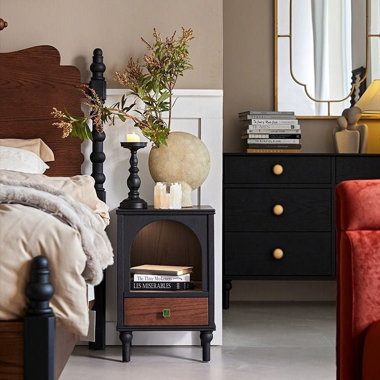 Traditional Vintage Solid Wood Metal Semi-Circular Rectangular Nightstand 1-Drawer For Bedroom