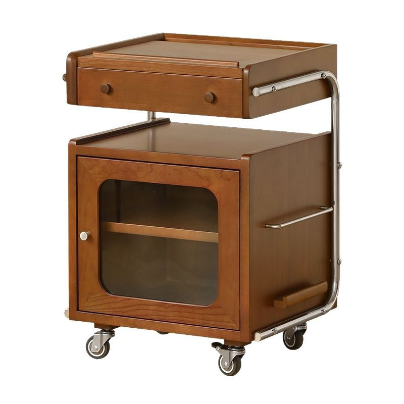 Traditional Chinese Wood Glass Stainless Steel Robot-Shaped Movable Nightstand With 2-Tier For Bedroom & Living Room