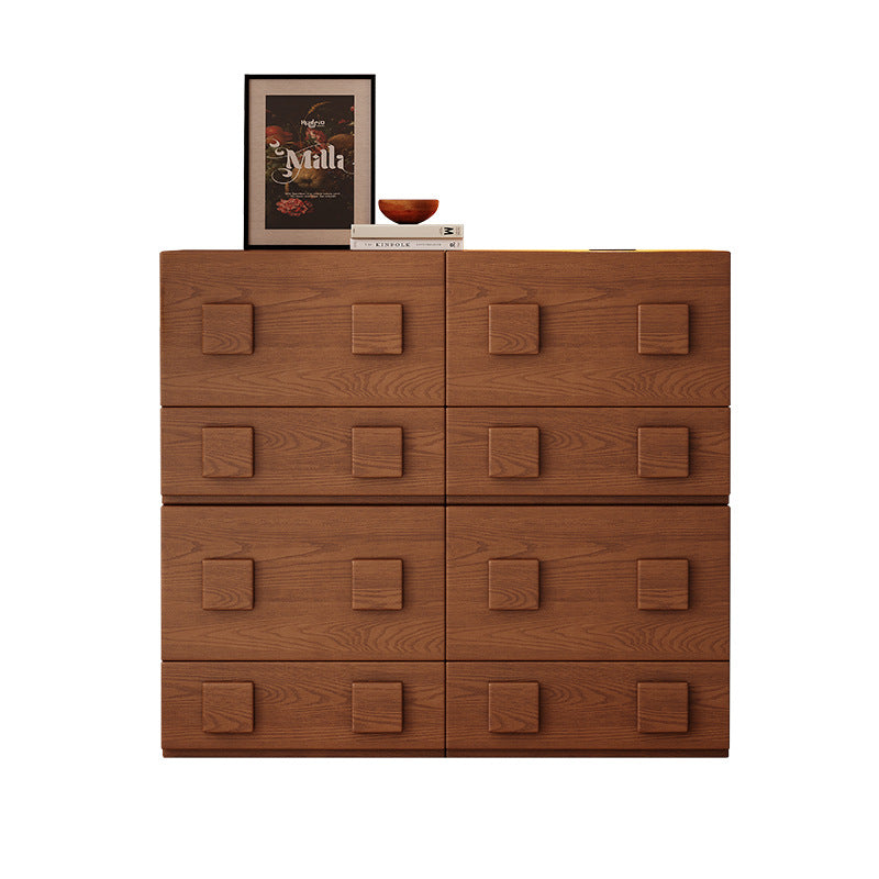 Traditional Chinese Solid Wood Square Nightstand With 2 Drawers For Bedroom