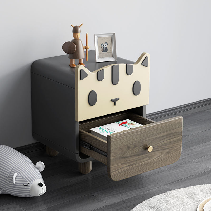 Modern Art Deco Wood Panel Solid Wood Metal Cat-Shaped Cylindrical Nightstand With 2 Drawers For Bedroom