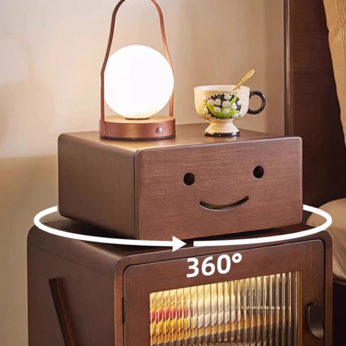 Contemporary Creative Solid Wood Glass Rounded Robot-Shaped Nightstand With 2 Storage For Bedroom & Living Room