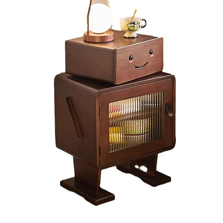 Contemporary Creative Solid Wood Glass Rounded Robot-Shaped Nightstand With 2 Storage For Bedroom & Living Room