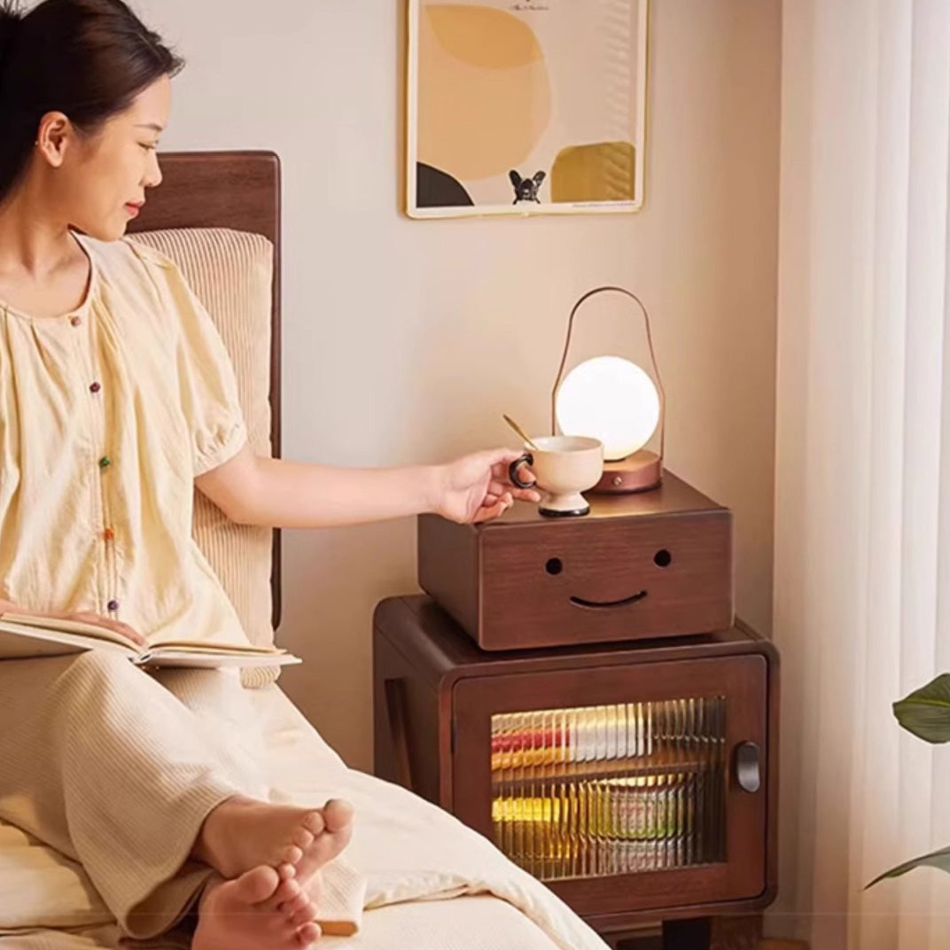 Contemporary Creative Solid Wood Glass Rounded Robot-Shaped Nightstand With 2 Storage For Bedroom & Living Room
