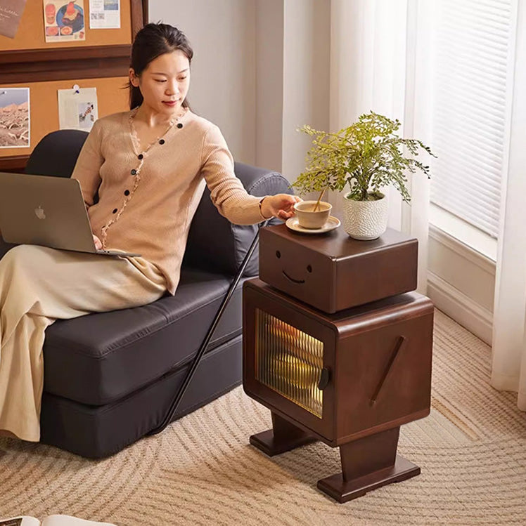 Contemporary Creative Solid Wood Glass Rounded Robot-Shaped Nightstand With 2 Storage For Bedroom & Living Room