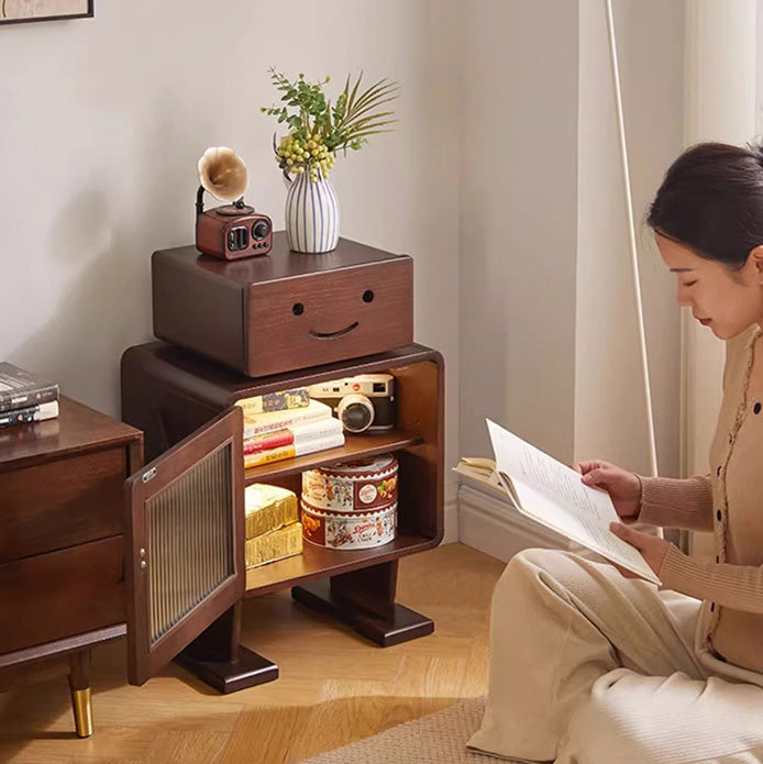 Contemporary Creative Solid Wood Glass Rounded Robot-Shaped Nightstand With 2 Storage For Bedroom & Living Room