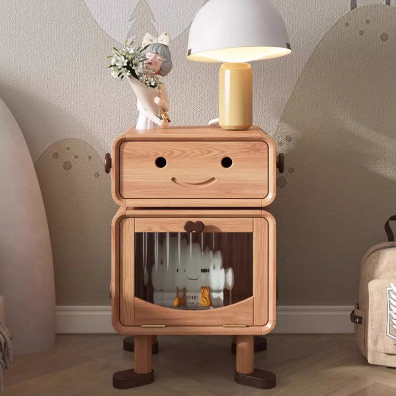 Contemporary Creative Solid Wood Glass Cylindrical Robot Nightstand With 1 Drawer For Bedroom