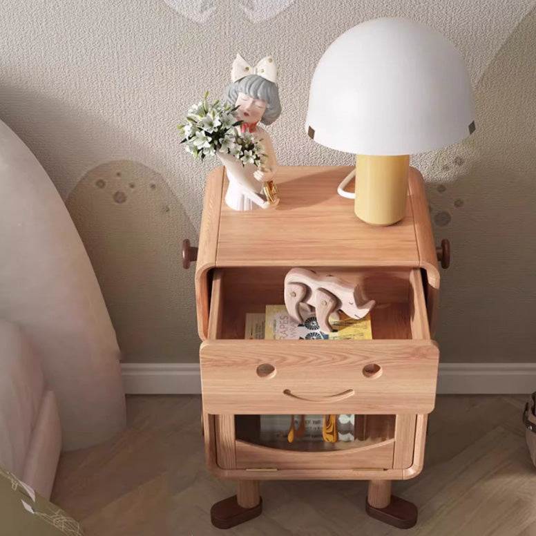 Contemporary Creative Solid Wood Glass Cylindrical Robot Nightstand With 1 Drawer For Bedroom