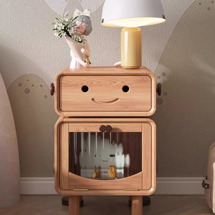 Contemporary Creative Solid Wood Glass Cylindrical Robot Nightstand With 1 Drawer For Bedroom