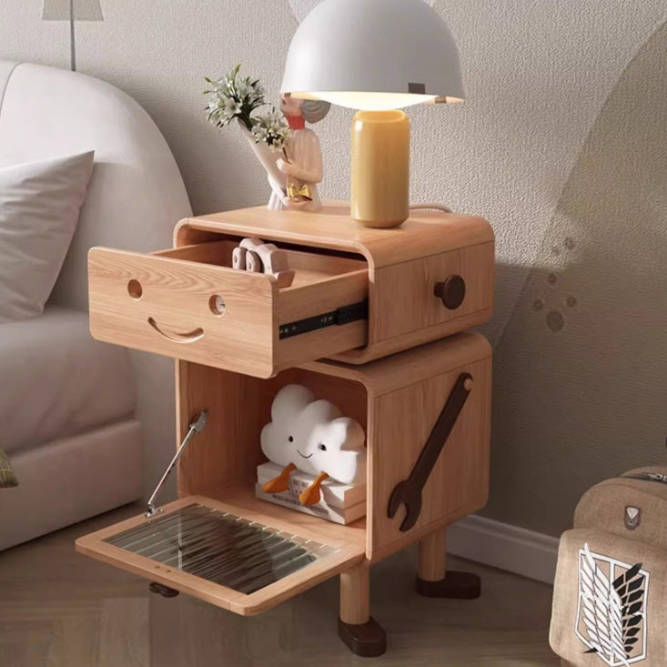 Contemporary Creative Solid Wood Glass Cylindrical Robot Nightstand With 1 Drawer For Bedroom