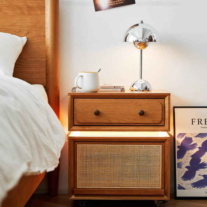 Modern Minimalist Cherry Wood Metal Robot-Shaped Nightstand With 2 Drawers For Bedroom