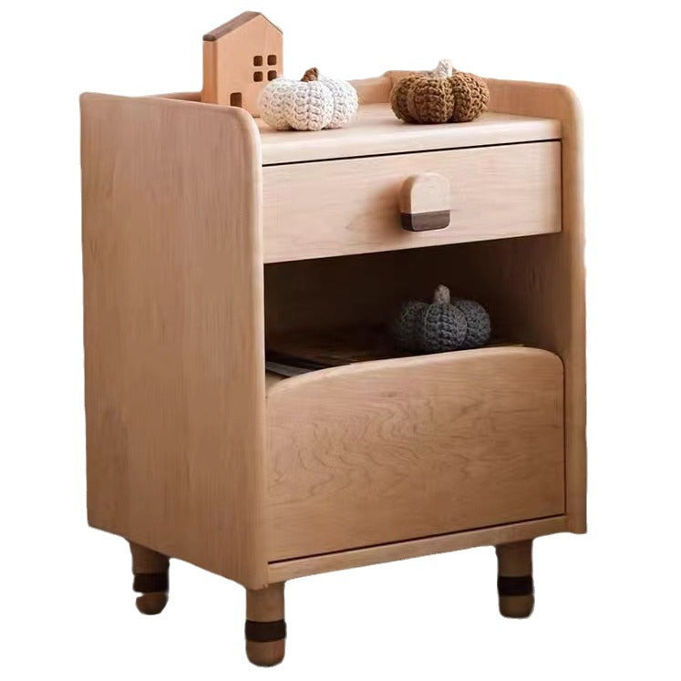 Contemporary Scandinavian Cherry Wood Rounded Rectangle Nightstand With 2 Tiers For Bedroom