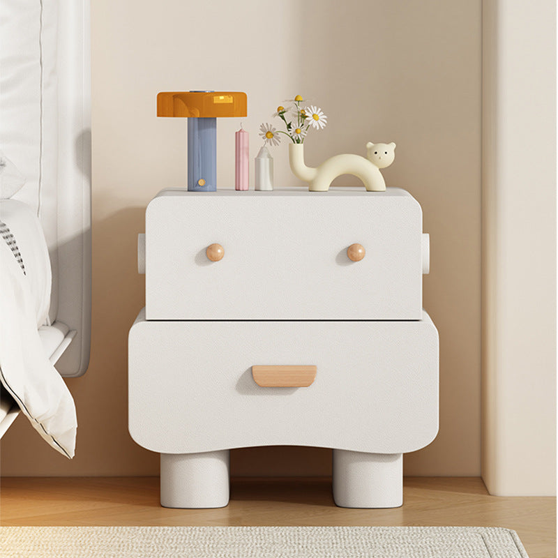 Contemporary Creative Faux Leather Solid Wood Curved Square Nightstand 2-Drawer For Bedroom