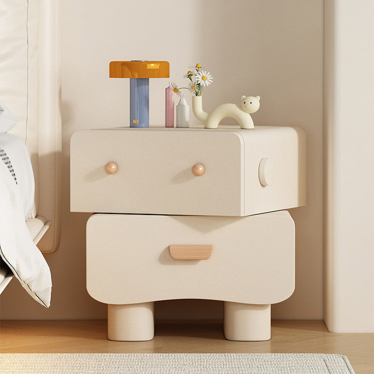 Contemporary Creative Faux Leather Solid Wood Curved Square Nightstand 2-Drawer For Bedroom
