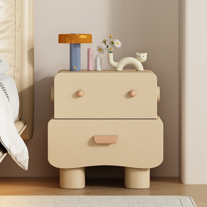 Contemporary Creative Faux Leather Solid Wood Curved Square Nightstand 2-Drawer For Bedroom