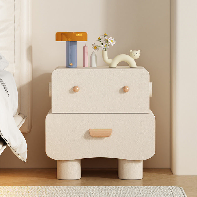Contemporary Creative Faux Leather Solid Wood Curved Square Nightstand 2-Drawer For Bedroom