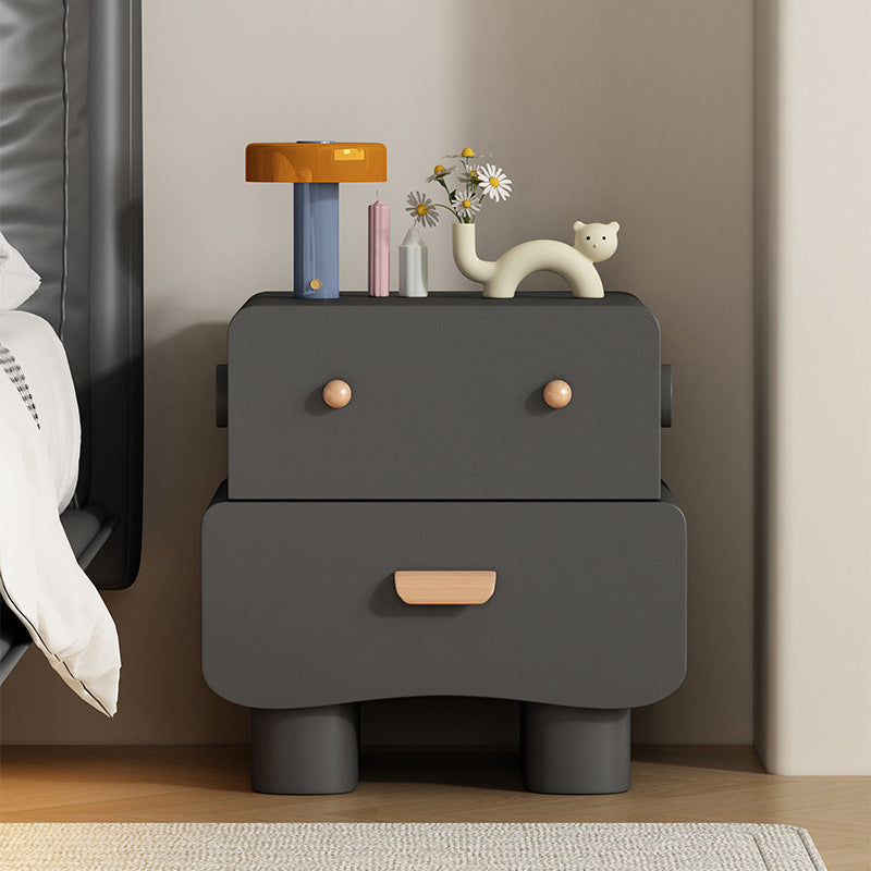 Contemporary Creative Faux Leather Solid Wood Curved Square Nightstand 2-Drawer For Bedroom
