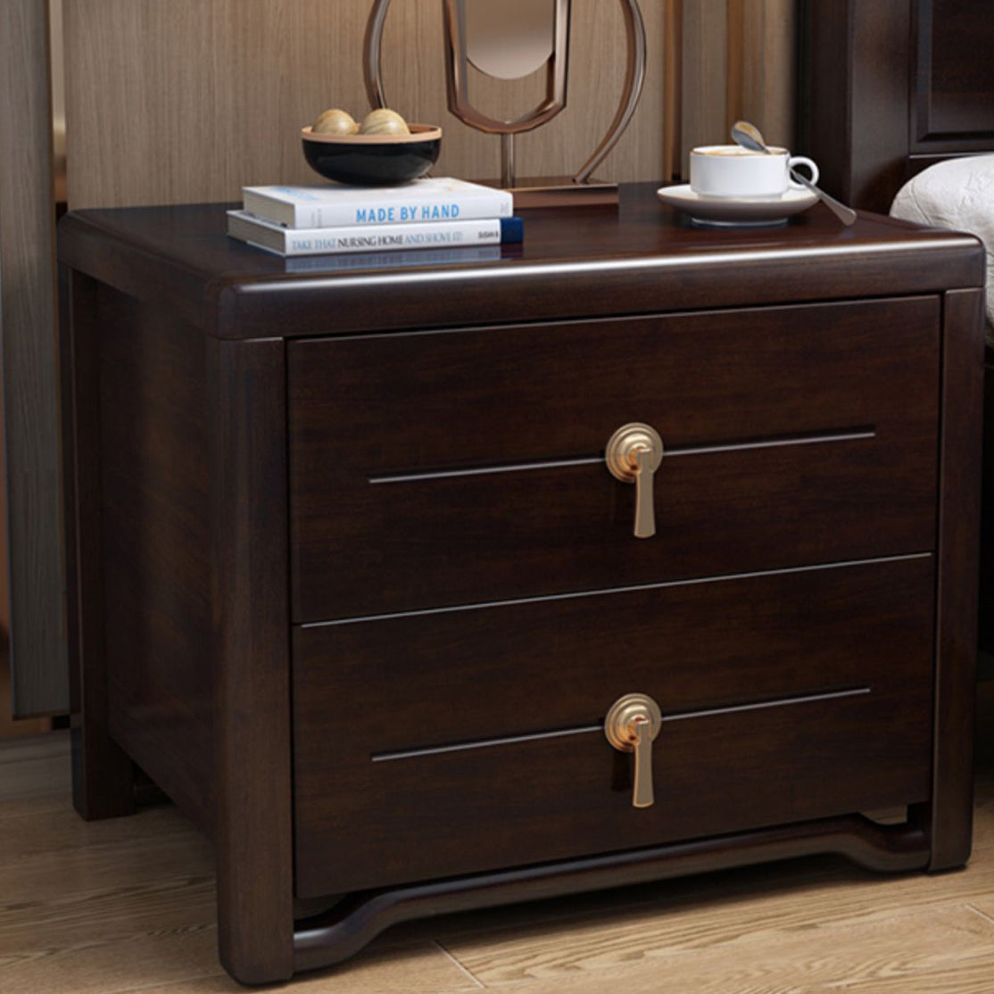 Traditional Chinese Solid Wood Brass Rounded Square Nightstand With 2 Drawers For Bedroom