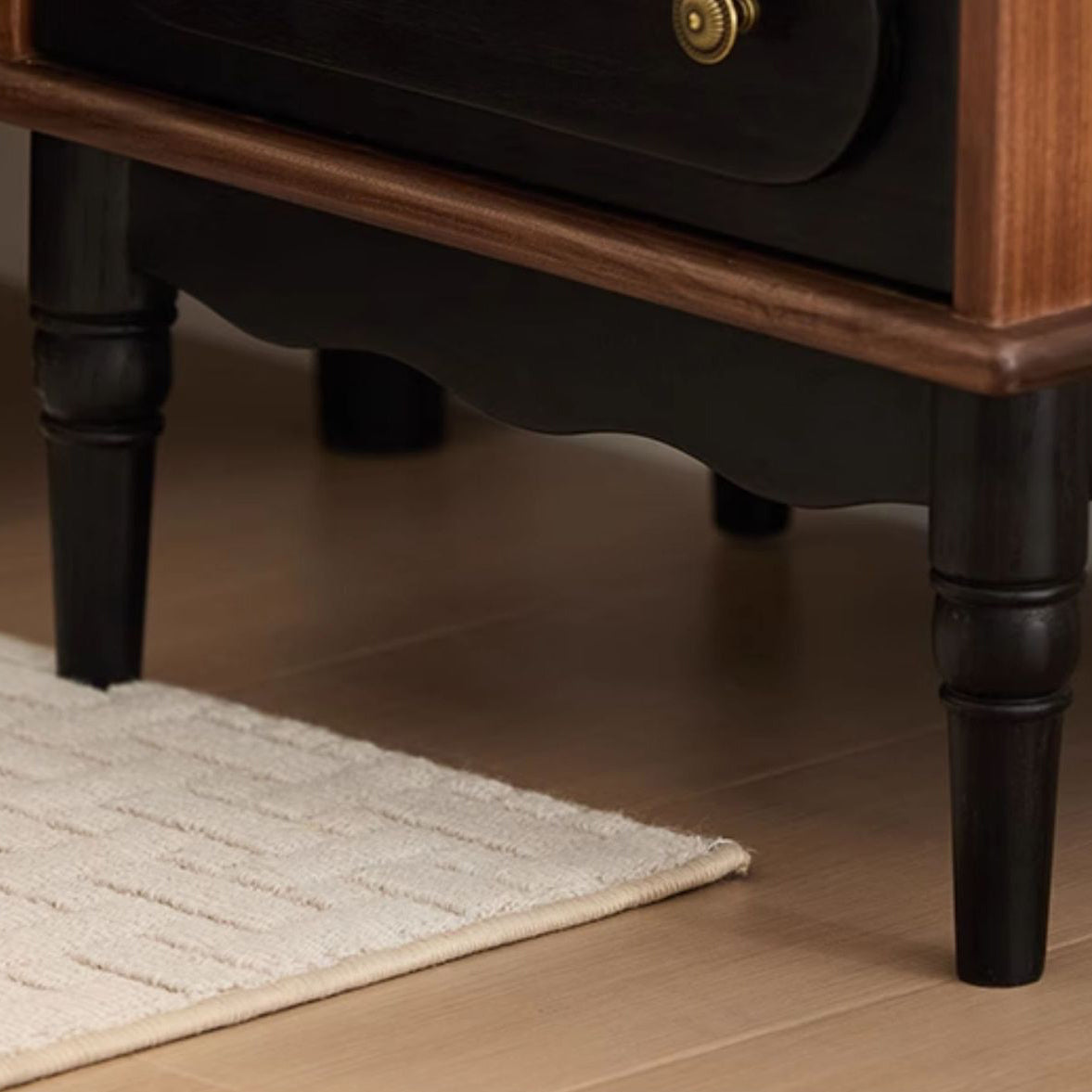 Traditional Vintage Walnut Oak Rounded Square Nightstand With 2 Drawers For Bedroom