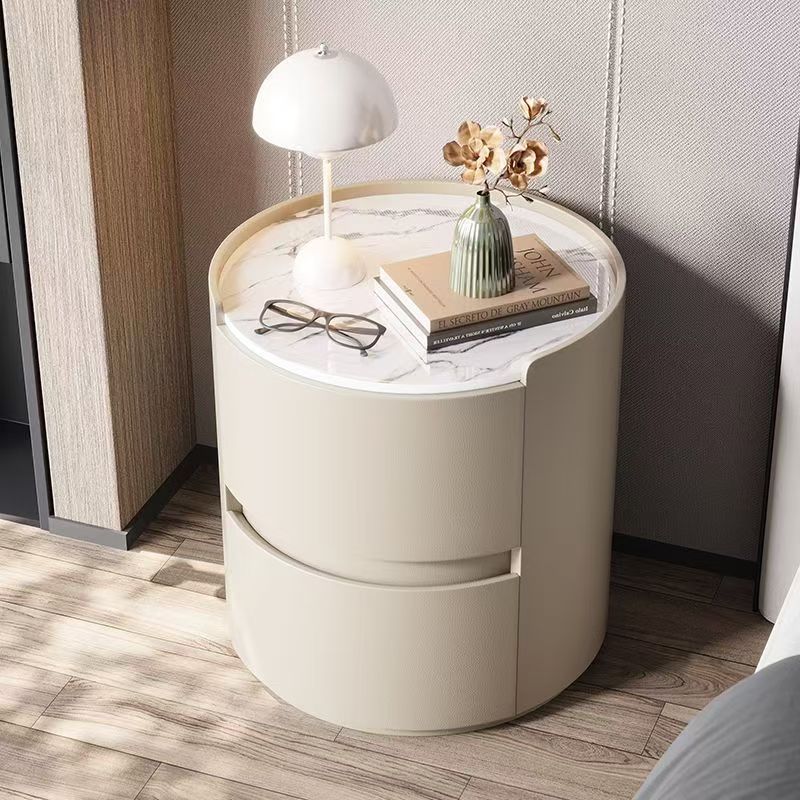 Contemporary Scandinavian Faux Leather Solid Wood Cylindrical Round Nightstand 2-Drawer For Bedroom