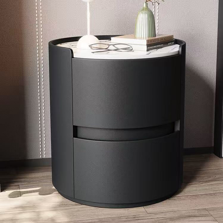 Contemporary Scandinavian Faux Leather Solid Wood Cylindrical Round Nightstand 2-Drawer For Bedroom