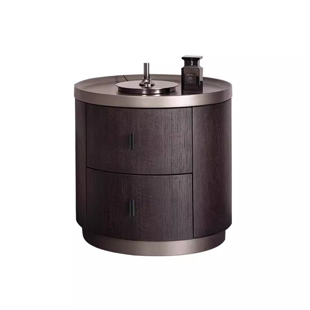 Modern Minimalist Solid Wood Metal Round Cylindrical Nightstand With 2 Drawers For Bedroom