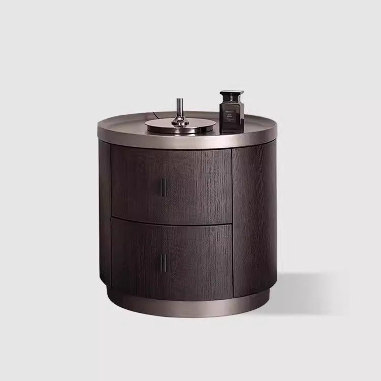 Modern Minimalist Solid Wood Metal Round Cylindrical Nightstand With 2 Drawers For Bedroom