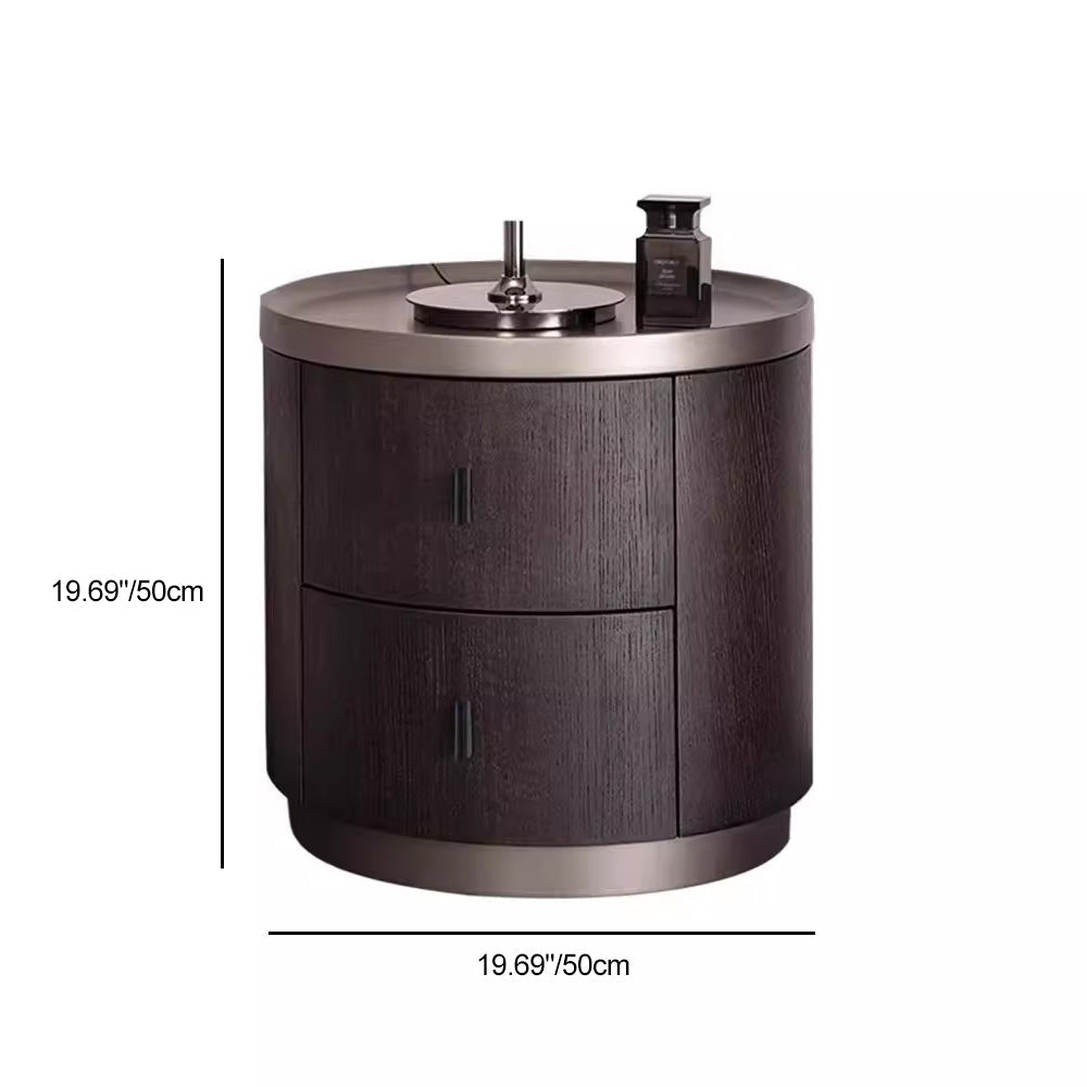 Modern Minimalist Solid Wood Metal Round Cylindrical Nightstand With 2 Drawers For Bedroom