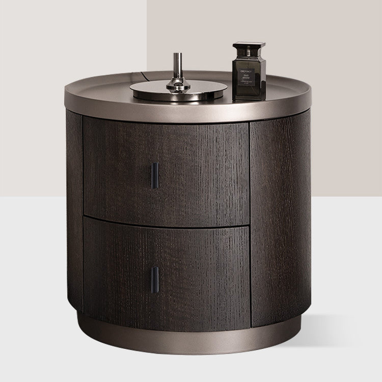 Modern Minimalist Solid Wood Metal Round Cylindrical Nightstand With 2 Drawers For Bedroom