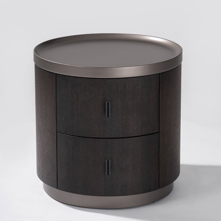 Modern Minimalist Solid Wood Metal Round Cylindrical Nightstand With 2 Drawers For Bedroom