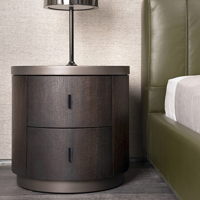 Modern Minimalist Solid Wood Metal Round Cylindrical Nightstand With 2 Drawers For Bedroom