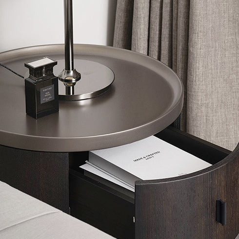 Modern Minimalist Solid Wood Metal Round Cylindrical Nightstand With 2 Drawers For Bedroom