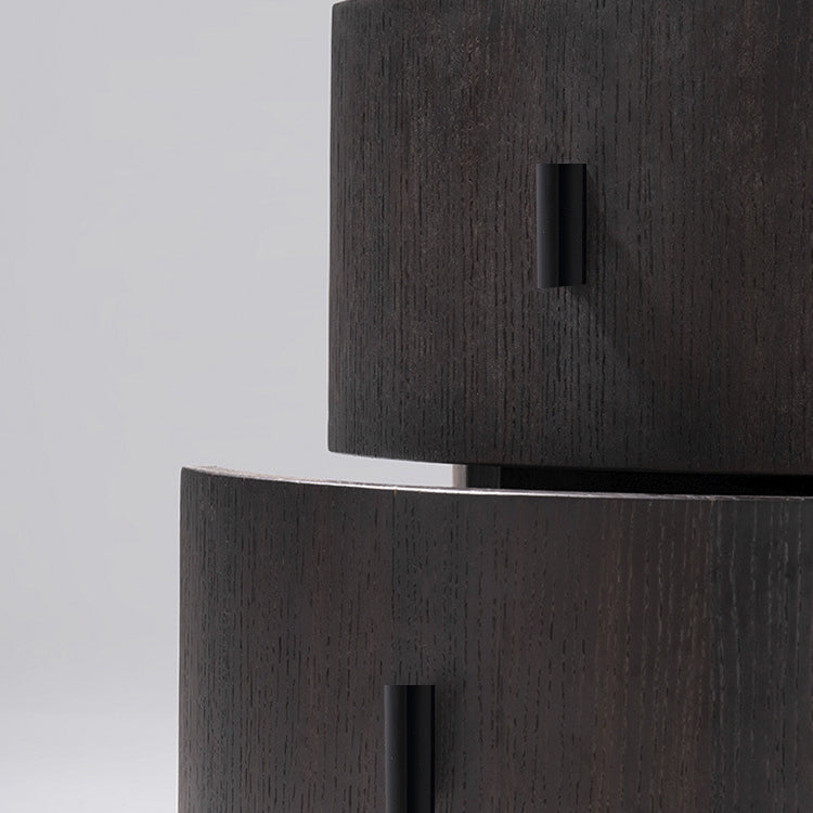 Modern Minimalist Solid Wood Metal Round Cylindrical Nightstand With 2 Drawers For Bedroom