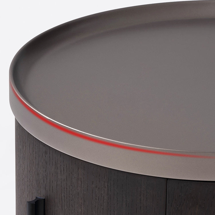 Modern Minimalist Solid Wood Metal Round Cylindrical Nightstand With 2 Drawers For Bedroom