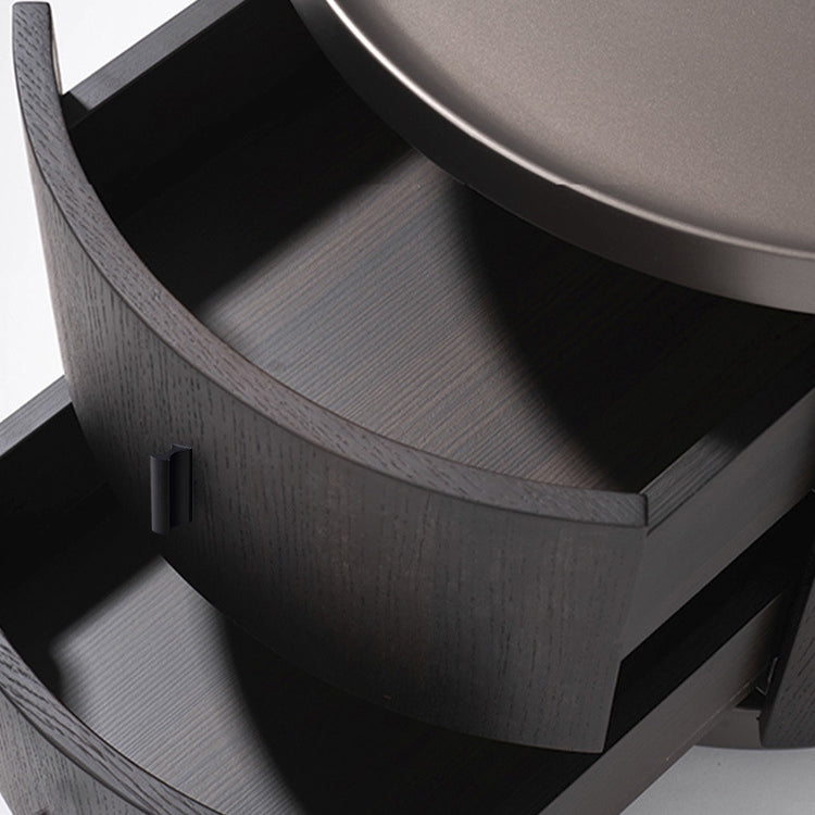 Modern Minimalist Solid Wood Metal Round Cylindrical Nightstand With 2 Drawers For Bedroom