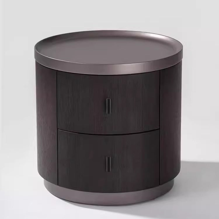Modern Minimalist Solid Wood Metal Round Cylindrical Nightstand With 2 Drawers For Bedroom