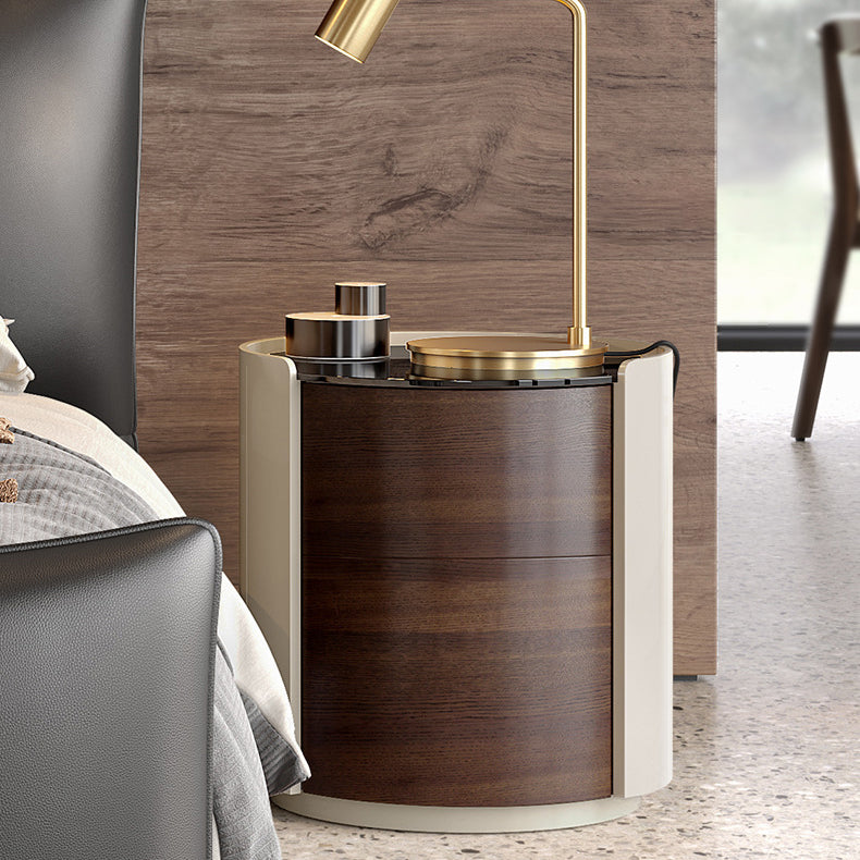 Modern Minimalist Tempered Glass Solid Wood Cylindrical Round Nightstand 2-Drawer For Bedroom