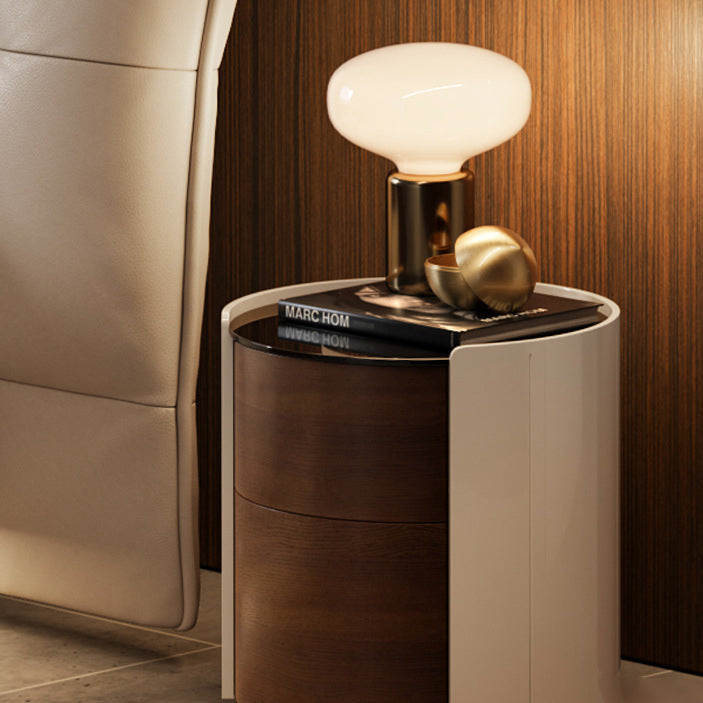 Modern Minimalist Tempered Glass Solid Wood Cylindrical Round Nightstand 2-Drawer For Bedroom