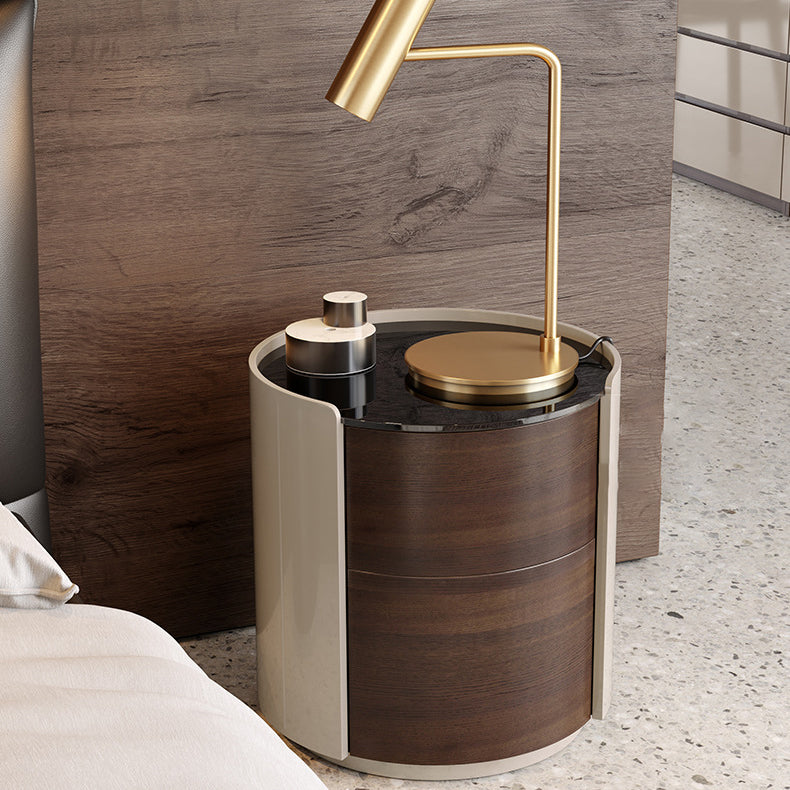 Modern Minimalist Tempered Glass Solid Wood Cylindrical Round Nightstand 2-Drawer For Bedroom