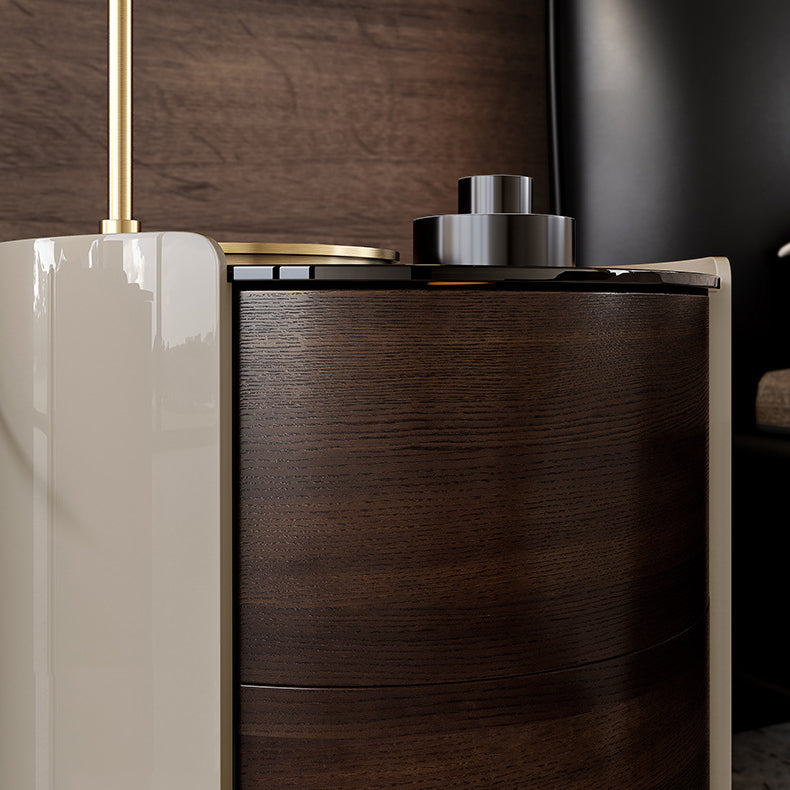Modern Minimalist Tempered Glass Solid Wood Cylindrical Round Nightstand 2-Drawer For Bedroom