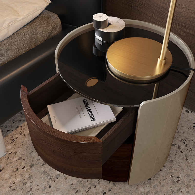 Modern Minimalist Tempered Glass Solid Wood Cylindrical Round Nightstand 2-Drawer For Bedroom