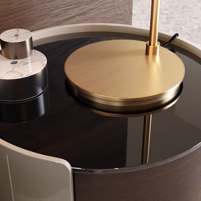 Modern Minimalist Tempered Glass Solid Wood Cylindrical Round Nightstand 2-Drawer For Bedroom