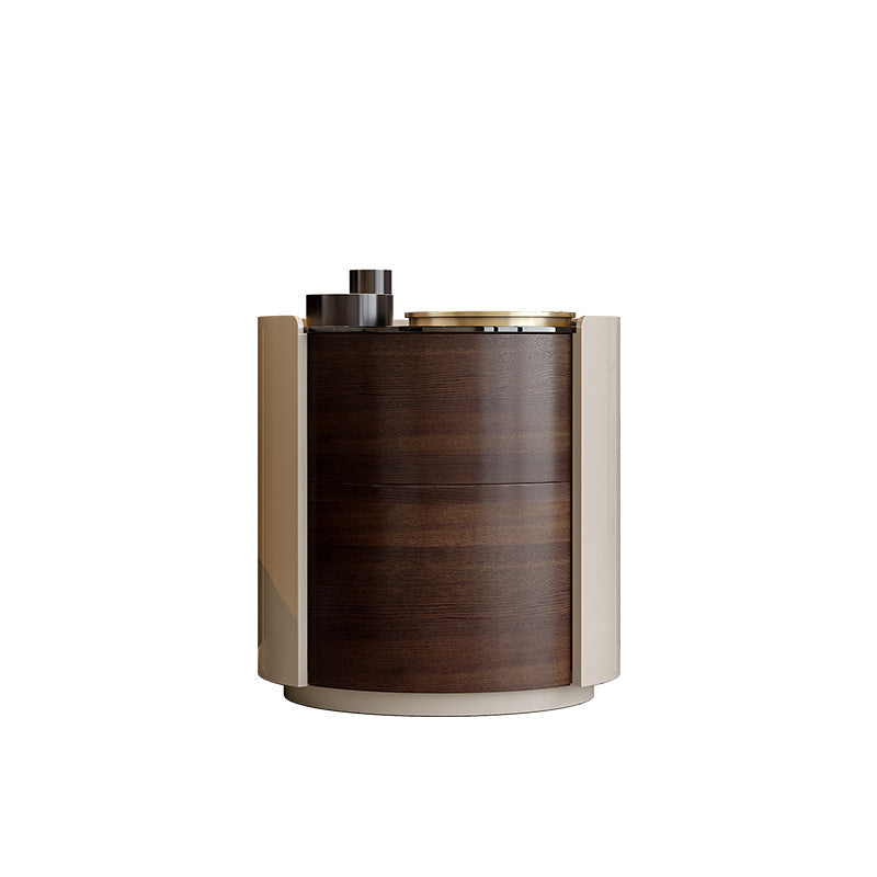 Modern Minimalist Tempered Glass Solid Wood Cylindrical Round Nightstand 2-Drawer For Bedroom