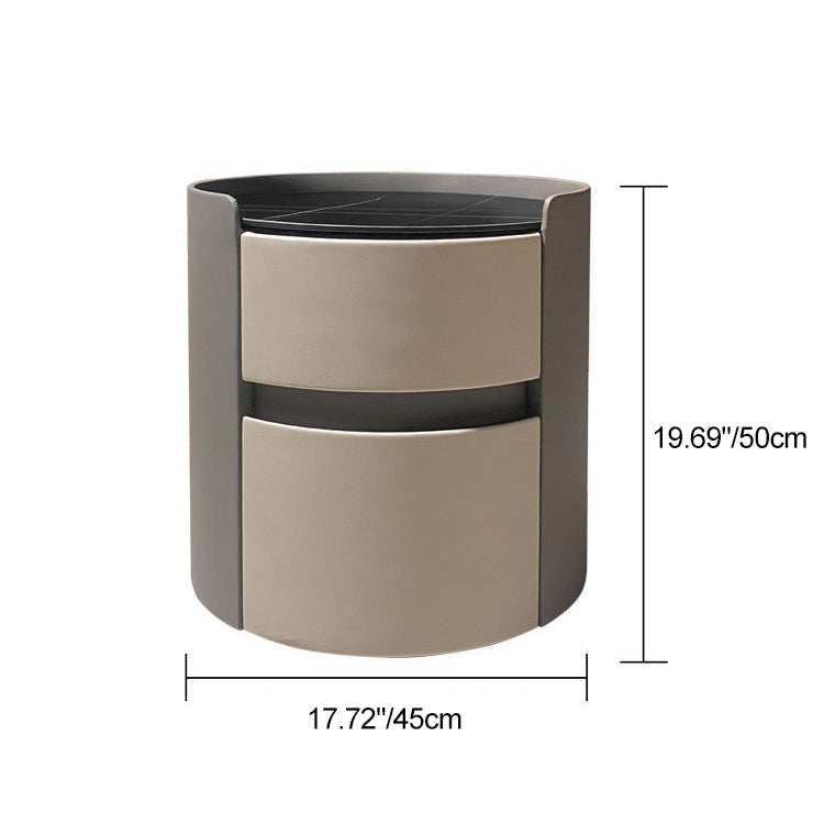 Modern Minimalist Sintered Stone Faux Leather Solid Wood Round Nightstand 2-Drawer For Bedroom