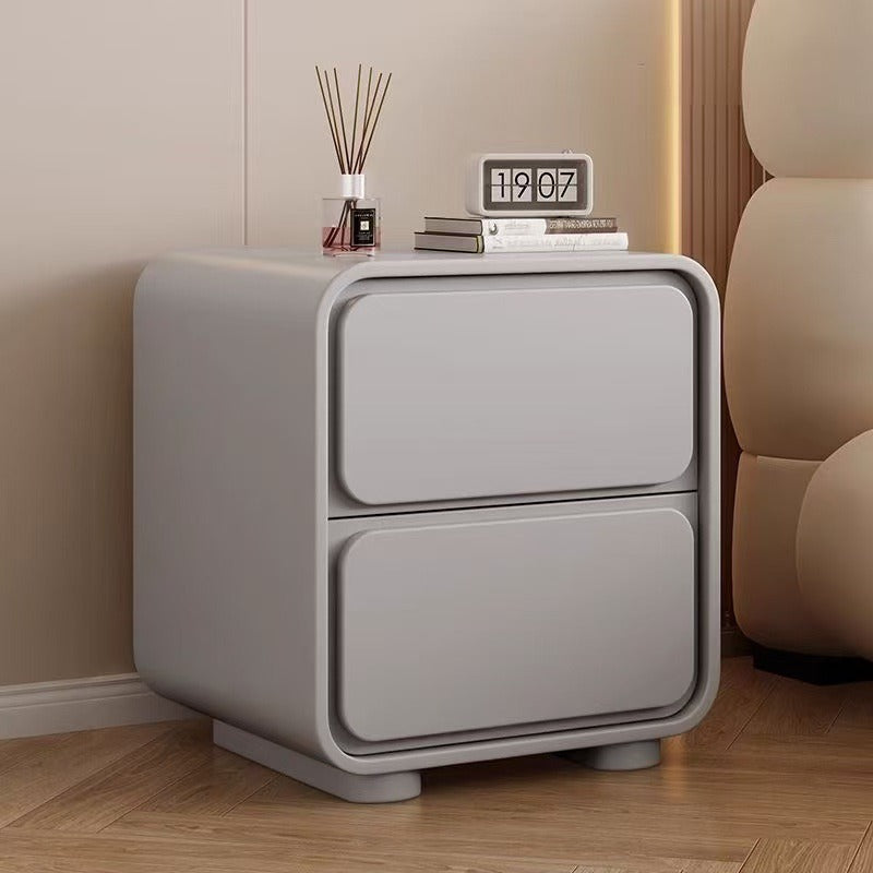 Modern Minimalist Pine Faux Leather Rounded Rectangle Nightstand 2-Drawer For Bedroom