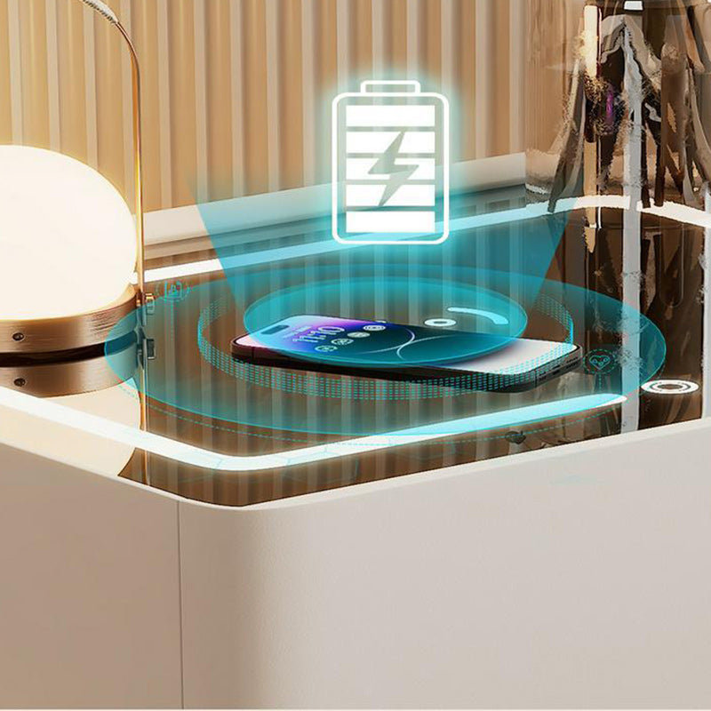 Modern Luxury Rock Panel Tempered Glass Microfiber Leather Solid Wood Rounded Nightstand 2-Drawer For Bedroom
