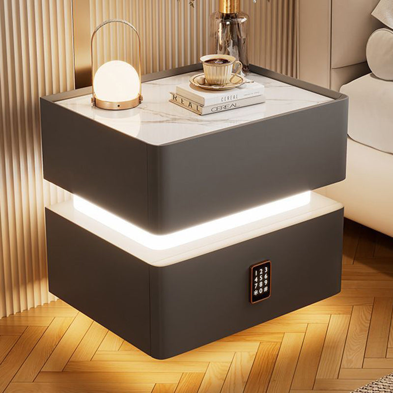 Modern Luxury Rock Panel Tempered Glass Microfiber Leather Solid Wood Rounded Nightstand 2-Drawer For Bedroom