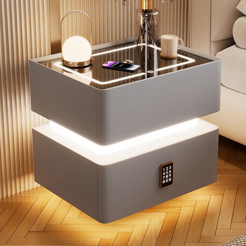 Modern Luxury Rock Panel Tempered Glass Microfiber Leather Solid Wood Rounded Nightstand 2-Drawer For Bedroom