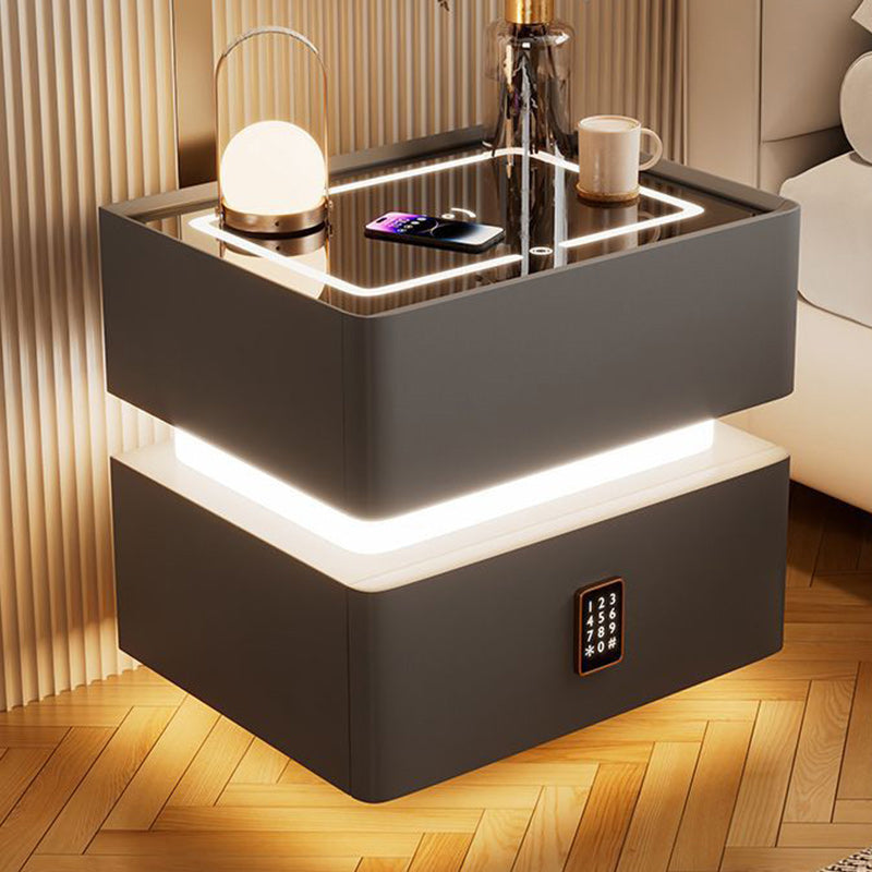Modern Luxury Rock Panel Tempered Glass Microfiber Leather Solid Wood Rounded Nightstand 2-Drawer For Bedroom